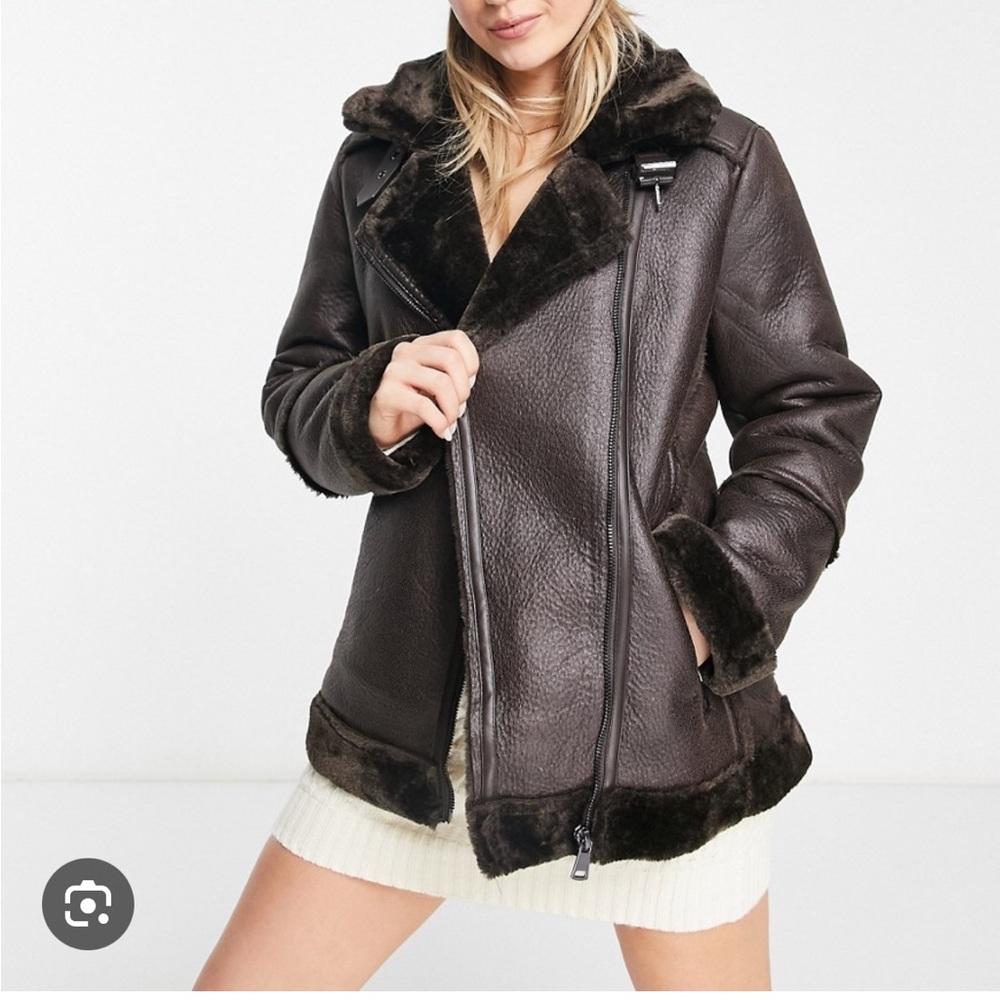 Stradivarius faux leather aviator jacket in brown